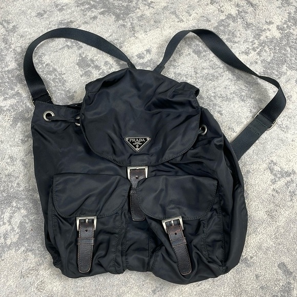 Prada Tessuto Black Nylon Backpack Double Pocket Drawstring Buckle Designer - Picture 2 of 14